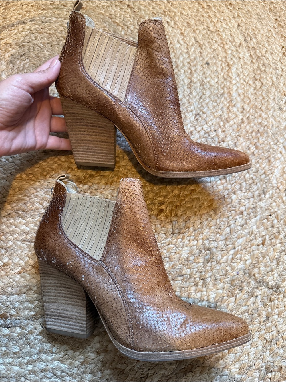 Donald J. Pliner Brown Snake-Texture Block Heel Ankle Booties